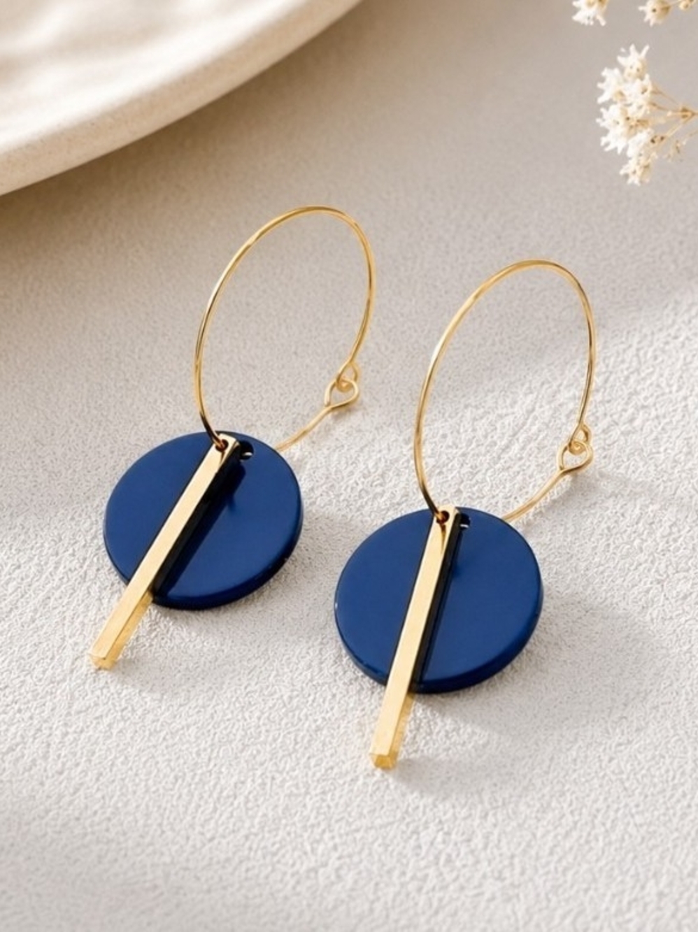 Gold Hoop Earrings with Navy Blue Disc and Bar Accent